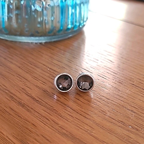 Black Diamond Silver Stud Round Earrings Contemporary Modern Boho Coastal
